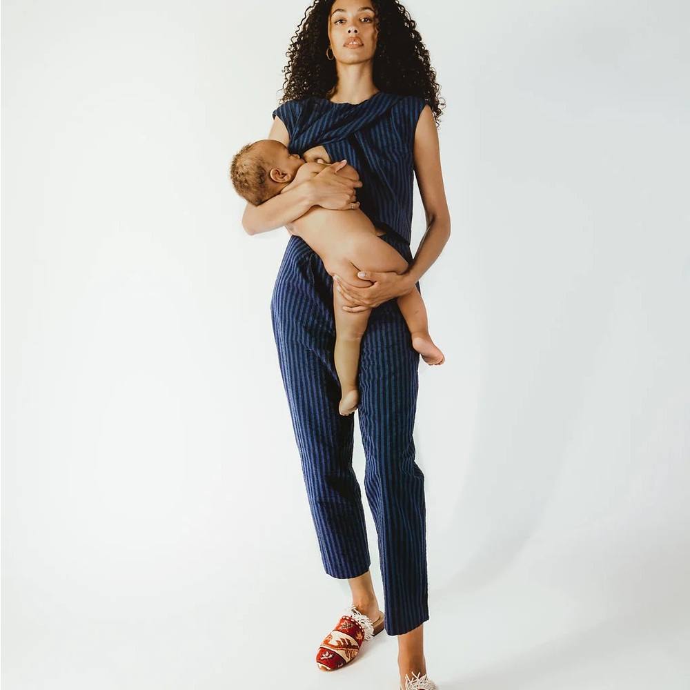 Madri Nursing Striped Navy Jumpsuit